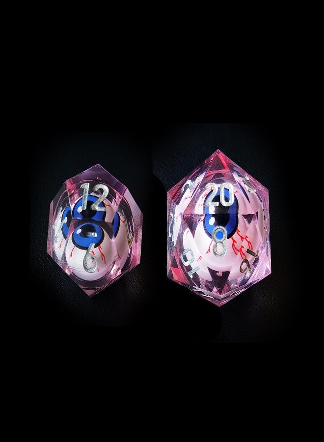 BESCON Sharp Edged Liquid Core Rolling Eyeball Polyhedral Dice Set - Razor Edge Polyhedral Dice with Rolling Eyeball Inside (7pcs Pink RPG Dice Set with Blue Eye) - Image 5