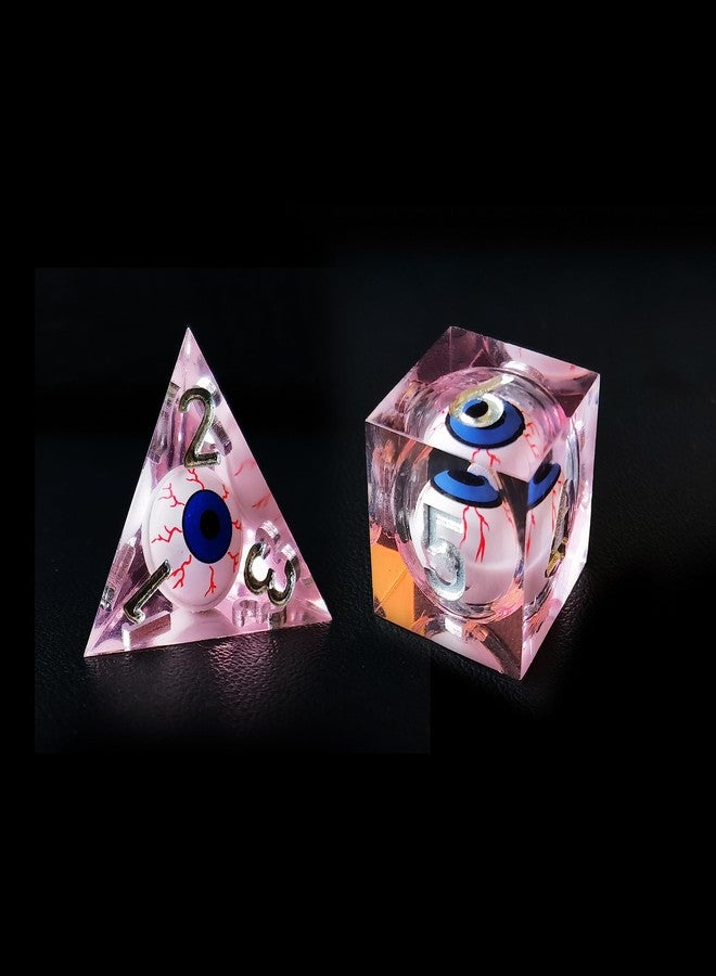BESCON Sharp Edged Liquid Core Rolling Eyeball Polyhedral Dice Set - Razor Edge Polyhedral Dice with Rolling Eyeball Inside (7pcs Pink RPG Dice Set with Blue Eye) - Image 3