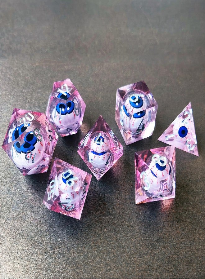 BESCON Sharp Edged Liquid Core Rolling Eyeball Polyhedral Dice Set - Razor Edge Polyhedral Dice with Rolling Eyeball Inside (7pcs Pink RPG Dice Set with Blue Eye) - Image 1