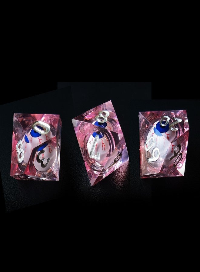BESCON Sharp Edged Liquid Core Rolling Eyeball Polyhedral Dice Set - Razor Edge Polyhedral Dice with Rolling Eyeball Inside (7pcs Pink RPG Dice Set with Blue Eye) - Image 4