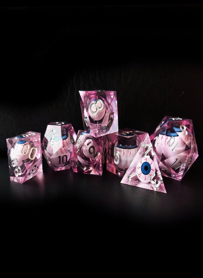 BESCON Sharp Edged Liquid Core Rolling Eyeball Polyhedral Dice Set - Razor Edge Polyhedral Dice with Rolling Eyeball Inside (7pcs Pink RPG Dice Set with Blue Eye) - Image 2