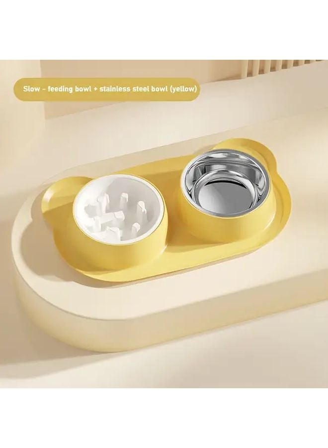 وعاء طعام أصفر من الفولاذ المقاوم للصدأ مزدوج الطبقات بتصميم مائل لمنع القيء، سهل التنظيف وقابل للفصل، وحدة تغذية طعام بطيئة للكلاب متوسطة وكبيرة الحجم - Image 1
