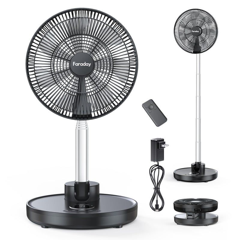 FARADAY Oscillating Standing Fan 12 Foldable Portable Quiet Floor Fan 12000mAh Rechargeable Pedestal Fan with Remote Timer Setting Height Adjustable Foldaway Fan for Bedroom Home Office 6 Speed