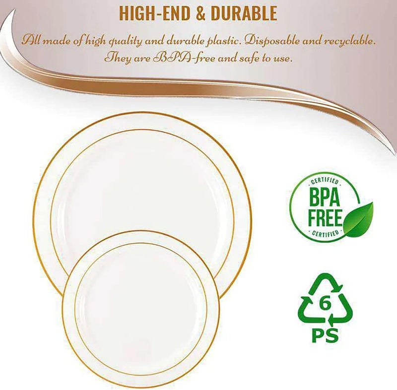 Smarty Had A Party Disposable Round Plastic Salad Plates  150Pack 75 White with Gold Rim Appetizer Plates Economy Pastry Plates for Party Event and Catering Tableware Small Cake Plates for Weddings  Holidays - Image 5