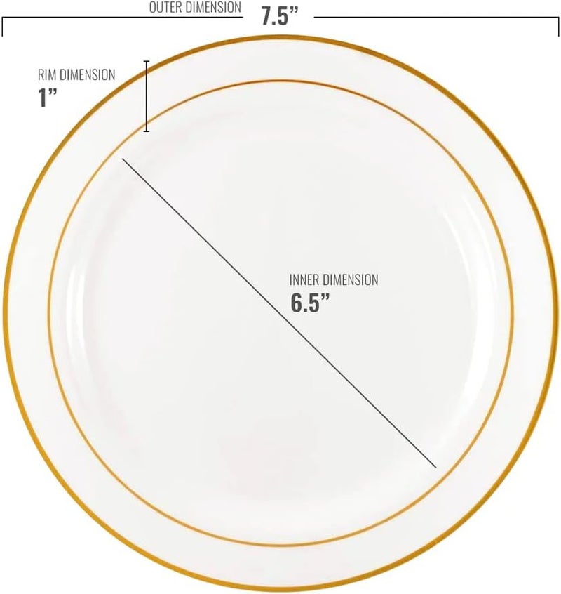 Smarty Had A Party Disposable Round Plastic Salad Plates  150Pack 75 White with Gold Rim Appetizer Plates Economy Pastry Plates for Party Event and Catering Tableware Small Cake Plates for Weddings  Holidays - Image 4