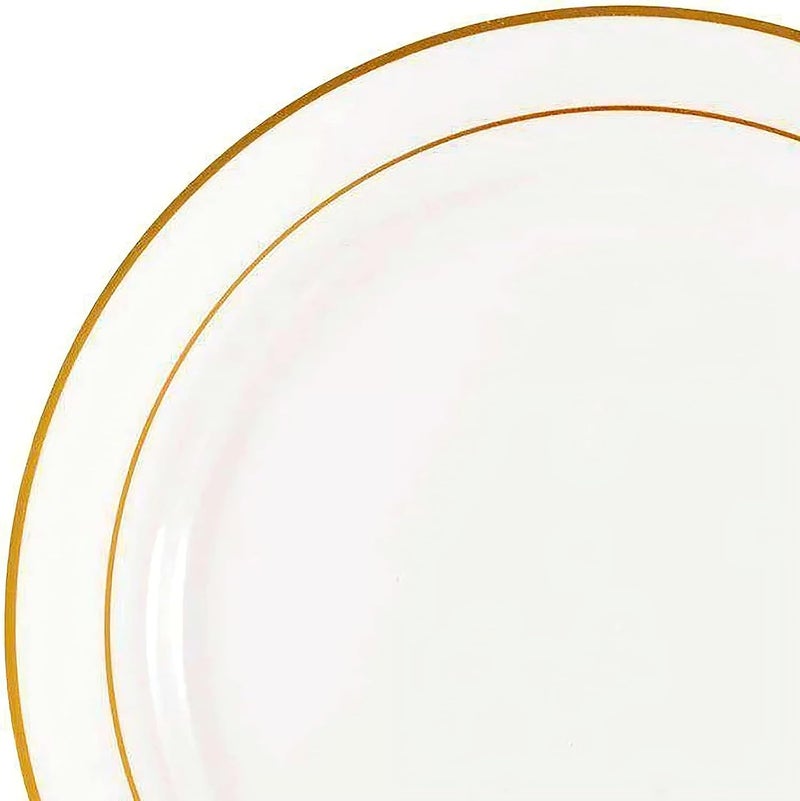 Smarty Had A Party Disposable Round Plastic Salad Plates  150Pack 75 White with Gold Rim Appetizer Plates Economy Pastry Plates for Party Event and Catering Tableware Small Cake Plates for Weddings  Holidays - Image 2