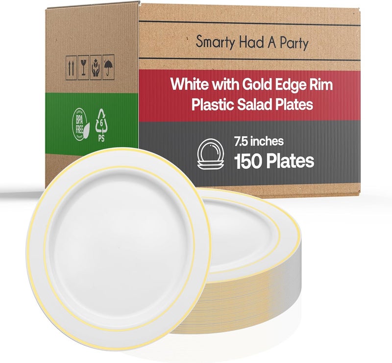 Smarty Had A Party Disposable Round Plastic Salad Plates  150Pack 75 White with Gold Rim Appetizer Plates Economy Pastry Plates for Party Event and Catering Tableware Small Cake Plates for Weddings  Holidays - Image 1