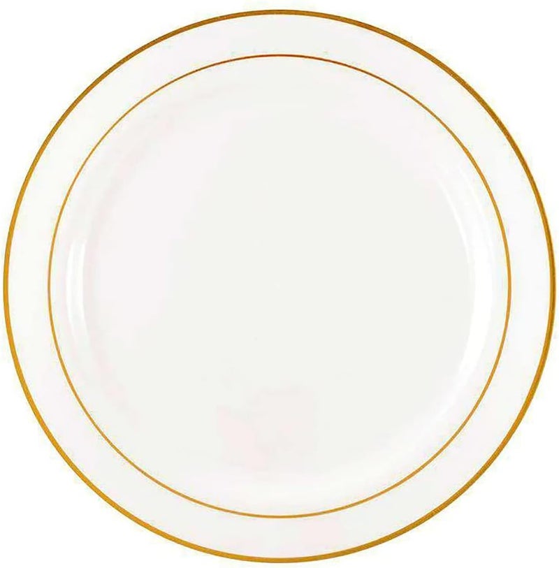 Smarty Had A Party Disposable Round Plastic Salad Plates  150Pack 75 White with Gold Rim Appetizer Plates Economy Pastry Plates for Party Event and Catering Tableware Small Cake Plates for Weddings  Holidays - Image 3