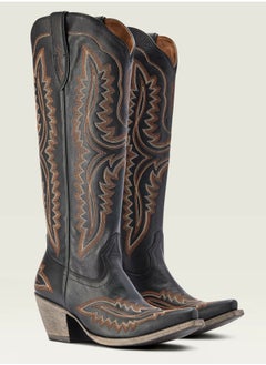 Loquat Cowboy Boots For Women Western Embroidered Cowgirl Boots Chunky Heel Wide Tube Boots Pull on Pointy Toe Vintage Boots Black/Brown 