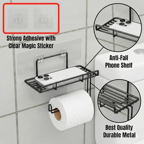 Stickzy Adhesive Toilet Paper Holder with Shelf - No-Drill Wall Mount Tissue Dispenser & Mobile Phone Stand, Rustproof Bathroom Organizer & Kitchen Towel Bar, Sleek Black (Pack of 1) - Image 5