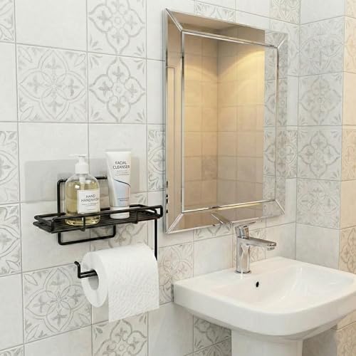 Stickzy Adhesive Toilet Paper Holder with Shelf - No-Drill Wall Mount Tissue Dispenser & Mobile Phone Stand, Rustproof Bathroom Organizer & Kitchen Towel Bar, Sleek Black (Pack of 1) - Image 4