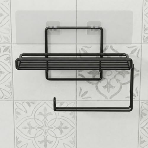 Stickzy Adhesive Toilet Paper Holder with Shelf - No-Drill Wall Mount Tissue Dispenser & Mobile Phone Stand, Rustproof Bathroom Organizer & Kitchen Towel Bar, Sleek Black (Pack of 1) - Image 3