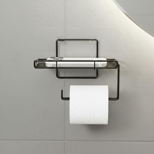 Stickzy Adhesive Toilet Paper Holder with Shelf - No-Drill Wall Mount Tissue Dispenser & Mobile Phone Stand, Rustproof Bathroom Organizer & Kitchen Towel Bar, Sleek Black (Pack of 1) - Image 1