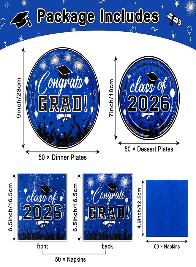 qonimi 200 Pcs Graduation Party Plates and Napkins 2026 Graduation Decoration Blue Disposable Paper Plates Luncheon Napkin Cocktail Napkins for Graduations Party Decoration,Serve 50 Guests - Image 2