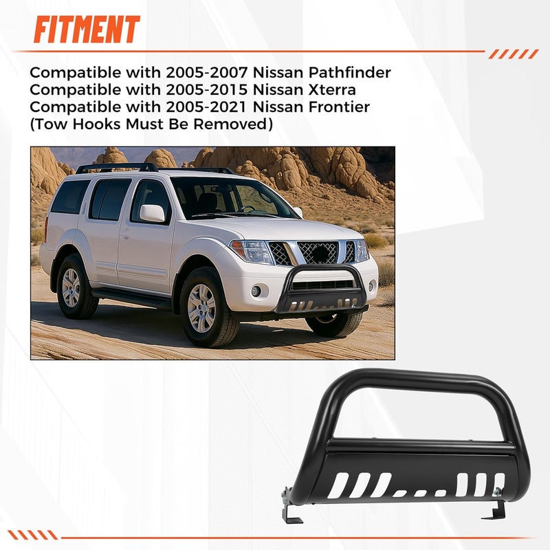 ECOTRIC 3" Bull Bar Compatible with 2005-2007 Pathfinder/ 2005-2015 Xterra/ 2005-2021 Nissan Frontier Push Bumper Grille Brush Guard (Black) - Image 2