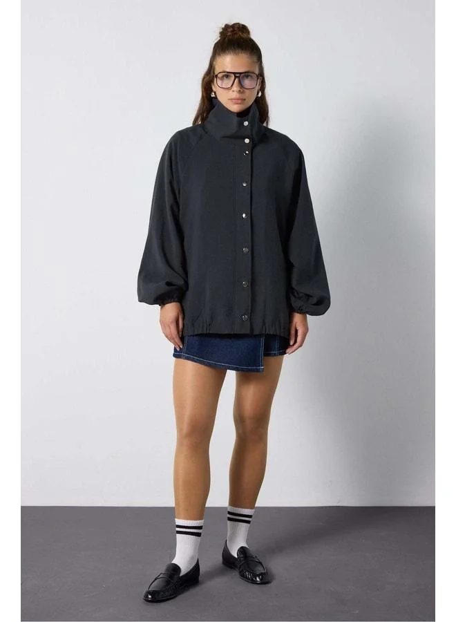 mina aise Women's Anthracite Straight Collar Oversized Modal Lined Trench Coat 32006.