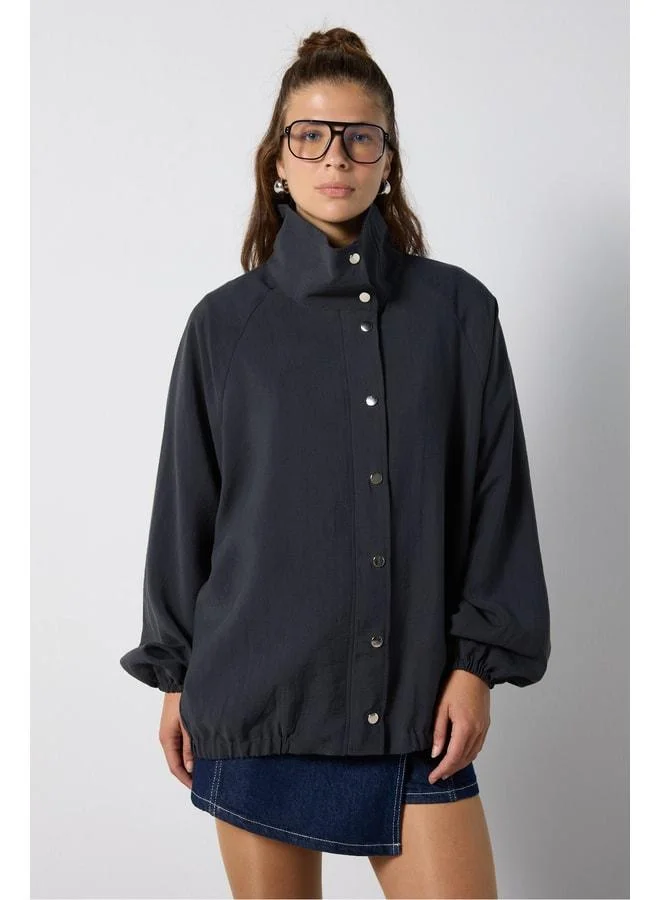 mina aise Women's Anthracite Straight Collar Oversized Modal Lined Trench Coat 32006.