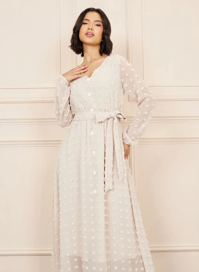 Styli Swiss Dobby Button Detail A-Line Maxi Dress with Self Tie Up