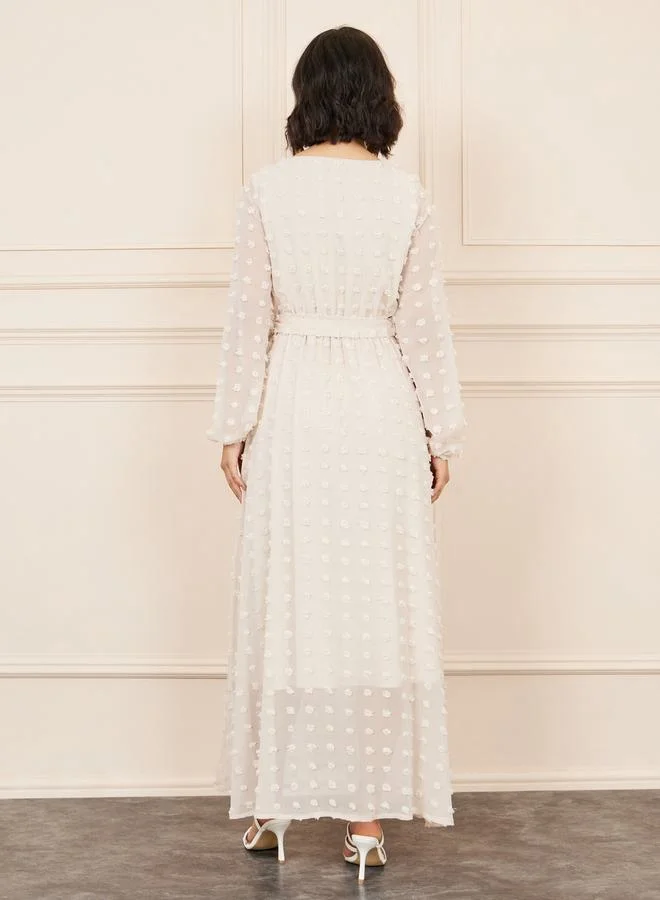 Styli Swiss Dobby Button Detail A-Line Maxi Dress with Self Tie Up
