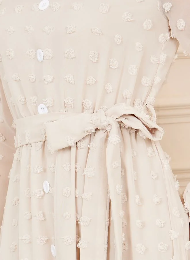 Styli Swiss Dobby Button Detail A-Line Maxi Dress with Self Tie Up