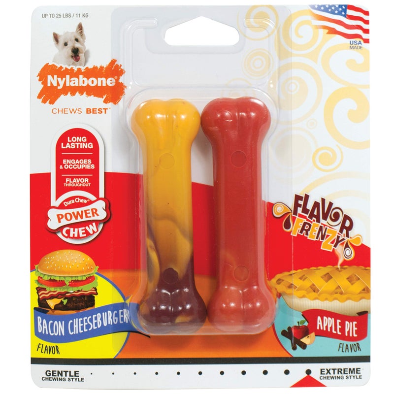 Nylabone Original Bone Power Chew Toy for Dogs, Durable Dog Toys for Aggressive Chewers, Flavor Frenzy Bacon Cheeseburger & Apple Pie Flavor, Small - Up to 25 Ibs, 2 Pack - Image 1