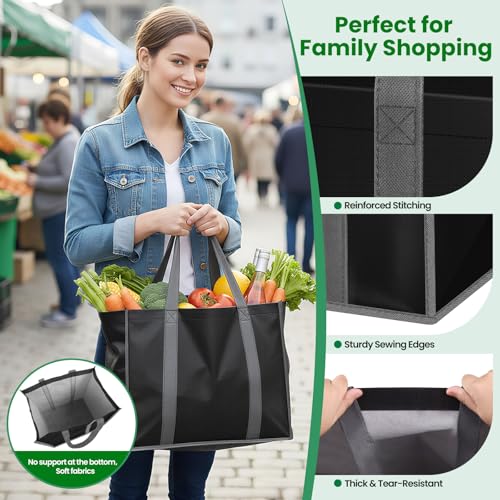 SpaceWhisper Reusable Grocery Bags with Long Handles [3 Pack] - Multipurpose Shopping Bags for Groceries, Foldable Grocery Totes Resist Water & Stains for Kitchen, Car Trunk, Picnic (Black) - Image 4