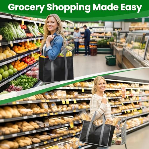 SpaceWhisper Reusable Grocery Bags with Long Handles [3 Pack] - Multipurpose Shopping Bags for Groceries, Foldable Grocery Totes Resist Water & Stains for Kitchen, Car Trunk, Picnic (Black) - Image 2
