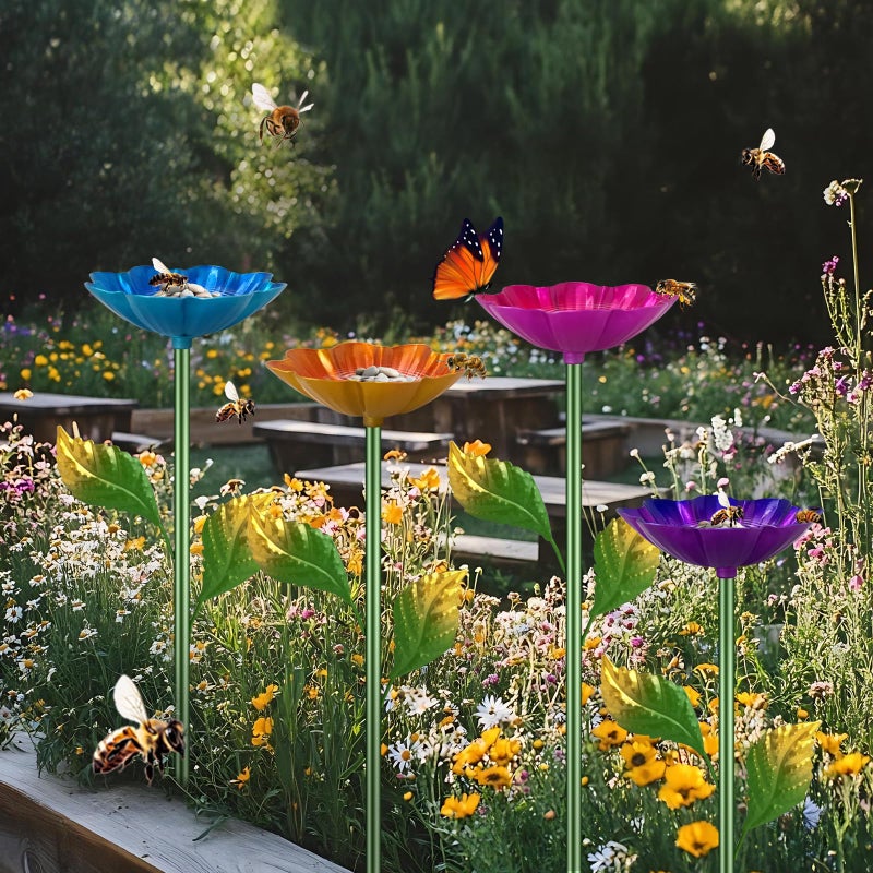 Yonisun Bee Watering Station, 4 Pack Butterfly Drinking Station with Flower Design for Garden,Colorful Metal Flying Insects Feeder Baths for Outdoor Garden Yard Decor(Red,Blue,Yellow,Purple) - Image 1