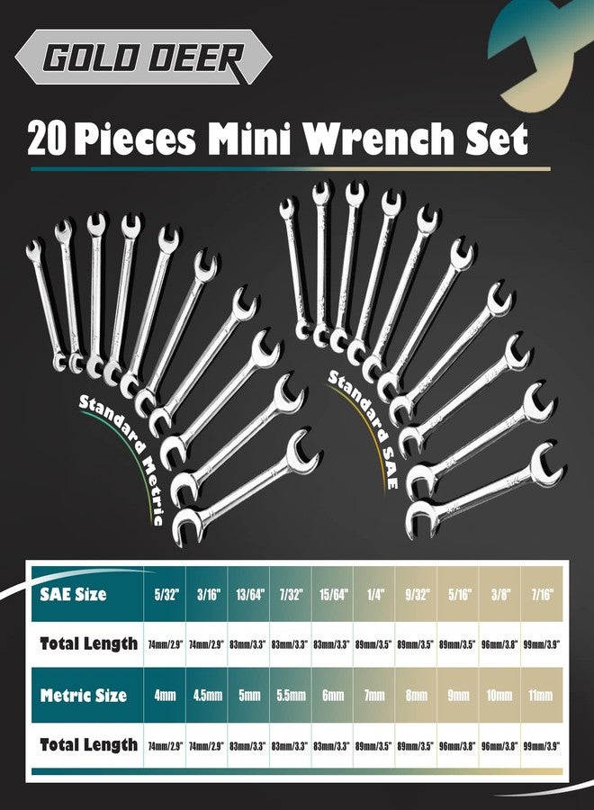GOLD DEER 20 Pcs Mini Double Open End Wrench Set Standard Metric and SAE 5/32"-7/16"&4-11mm Extra Slim Open End Angle Wrench with Storage Roll Pouch, Double Open End Spanner Set Ignition Wrench Set - Image 2