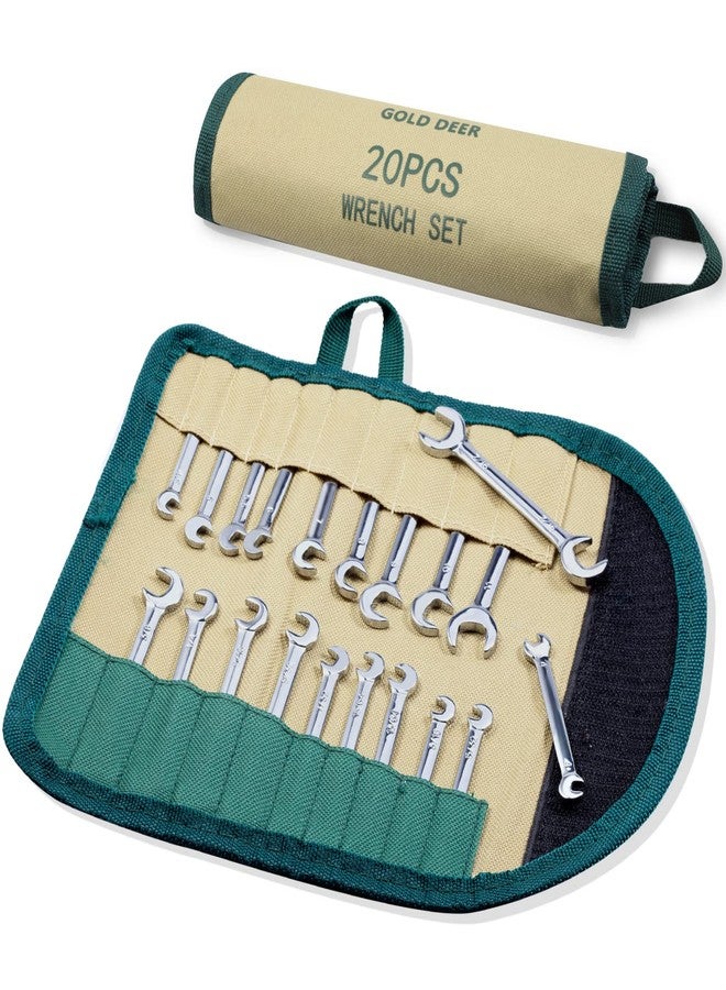 GOLD DEER 20 Pcs Mini Double Open End Wrench Set Standard Metric and SAE 5/32"-7/16"&4-11mm Extra Slim Open End Angle Wrench with Storage Roll Pouch, Double Open End Spanner Set Ignition Wrench Set - Image 1