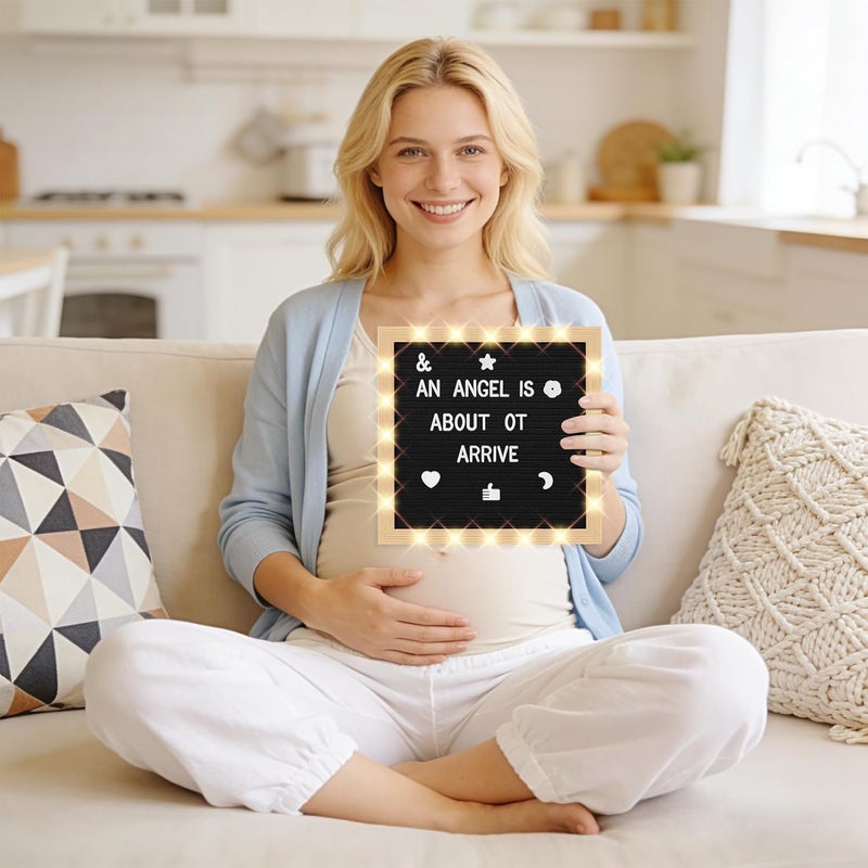 ANWEOR 10 x 10 in Felt Letter Board with LED Lights,Changeable Message Board with Wooden Frame and Wall Mount Hook,Letter Board with 477 Letters for Pregnancy Announcement/Baby/Celebration/Home Decor(Black) - Image 2