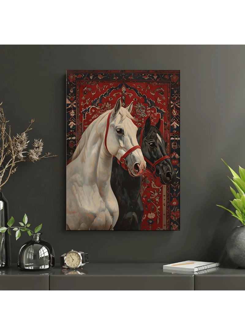 Framed Wall Art 40×30 cm – Arabian Horses with Elegant Oriental Rug Background - Image 1