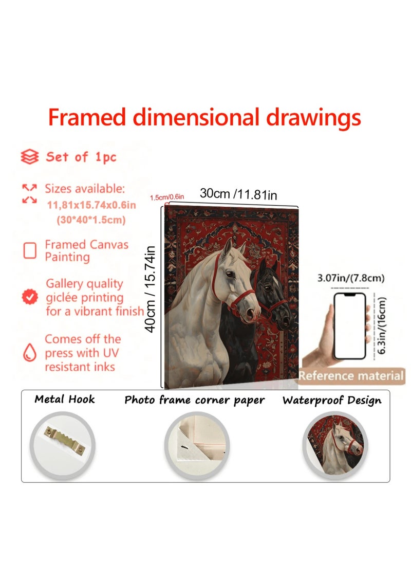 Framed Wall Art 40×30 cm – Arabian Horses with Elegant Oriental Rug Background - Image 2