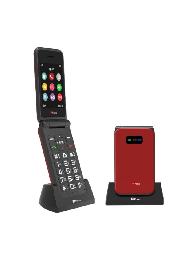 تي تي فون هاتف TTfone TT760 محمول قابل للطي بتقنية 4G وأزرار كبيرة لكبار السن، مزود بزر للمساعدة في حالات الطوارئ، هاتف أساسي مفتوح على جميع الشبكات (أحمر، مع قاعدة شحن) - Image 1