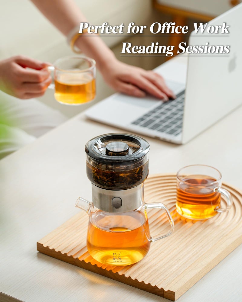 ZENS Modern Glass Tea Infuser Teapot Set, Smart One Touch Tea Maker for Loose Tea Diffusers with 2 Gongfu Cups, Cool Enchanted Tea Pot Alternatives for Black Tea Lovers Gifts-400ml - Image 5