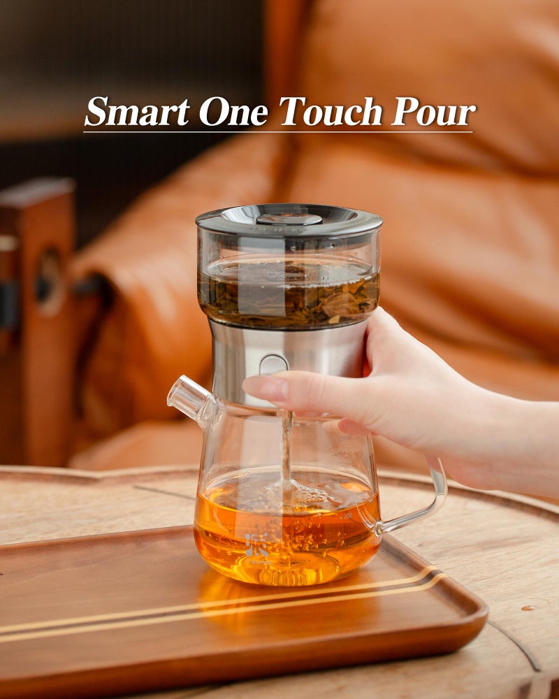 ZENS Modern Glass Tea Infuser Teapot Set, Smart One Touch Tea Maker for Loose Tea Diffusers with 2 Gongfu Cups, Cool Enchanted Tea Pot Alternatives for Black Tea Lovers Gifts-400ml - Image 2