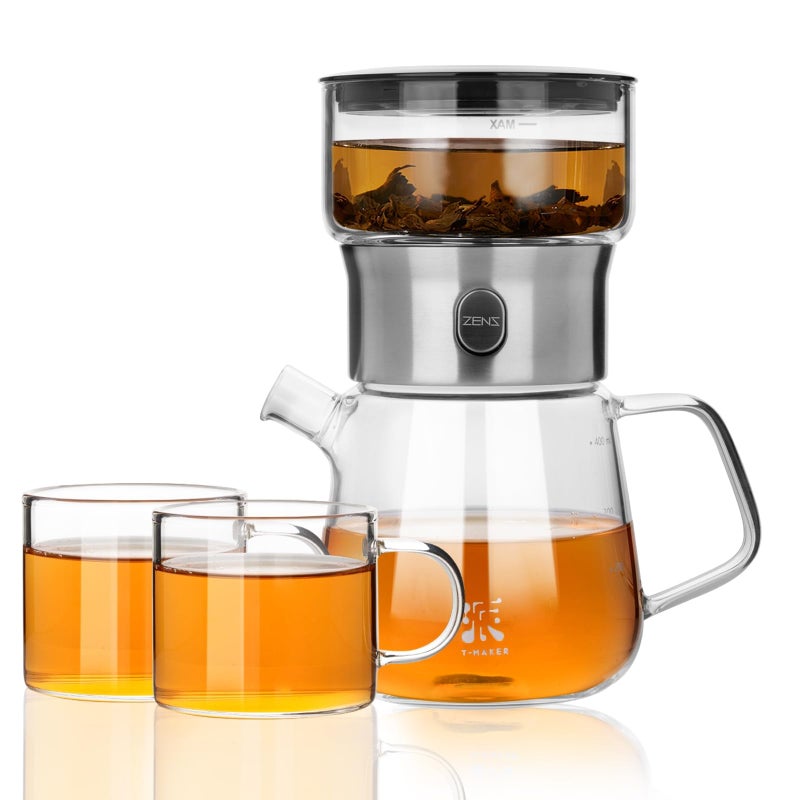 ZENS Modern Glass Tea Infuser Teapot Set, Smart One Touch Tea Maker for Loose Tea Diffusers with 2 Gongfu Cups, Cool Enchanted Tea Pot Alternatives for Black Tea Lovers Gifts-400ml - Image 1
