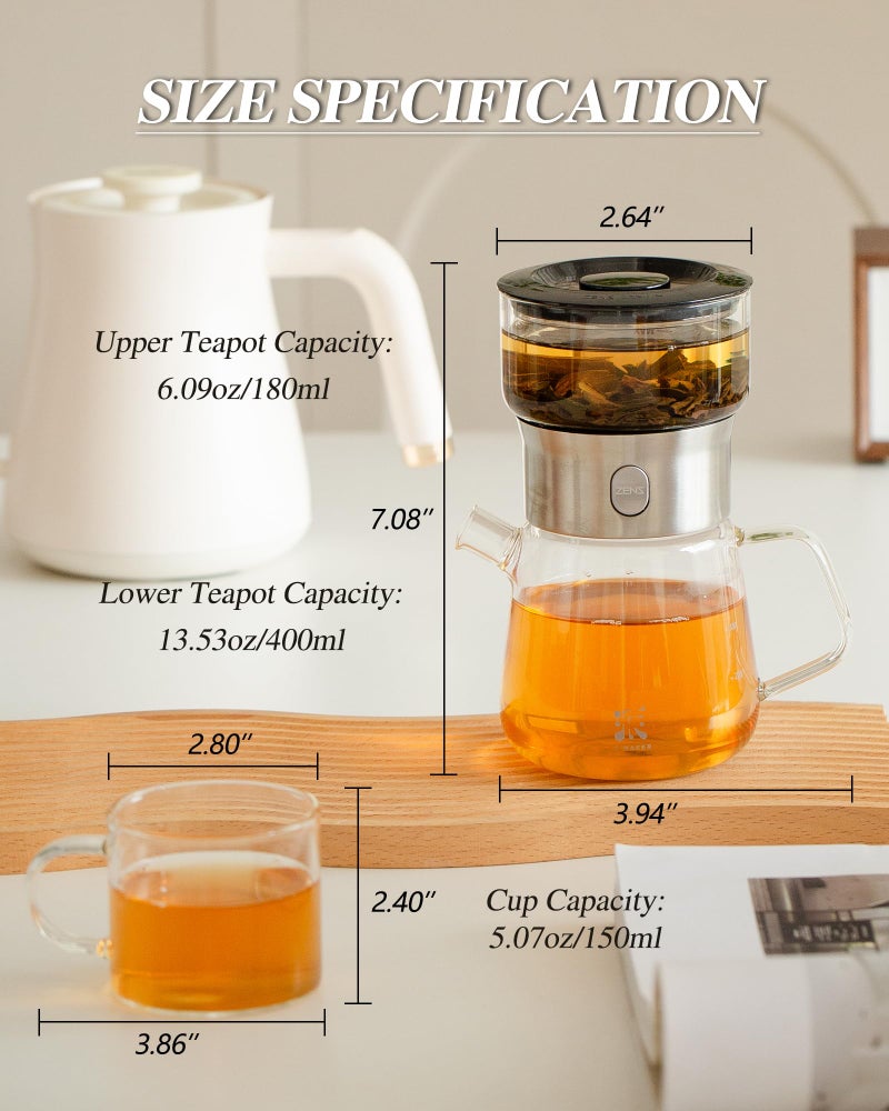 ZENS Modern Glass Tea Infuser Teapot Set, Smart One Touch Tea Maker for Loose Tea Diffusers with 2 Gongfu Cups, Cool Enchanted Tea Pot Alternatives for Black Tea Lovers Gifts-400ml - Image 3