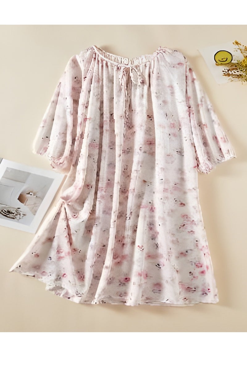 فستان نسائي واسع من الحرير – مقاس حر – تصميم كفتان مزخرف أنيق – بأكمام نصفية وياقة دائرية – قماش خفيف وتهوية ممتازة – فستان صيفي، ملابس منزلية، ملابس نوم، ملابس يومية