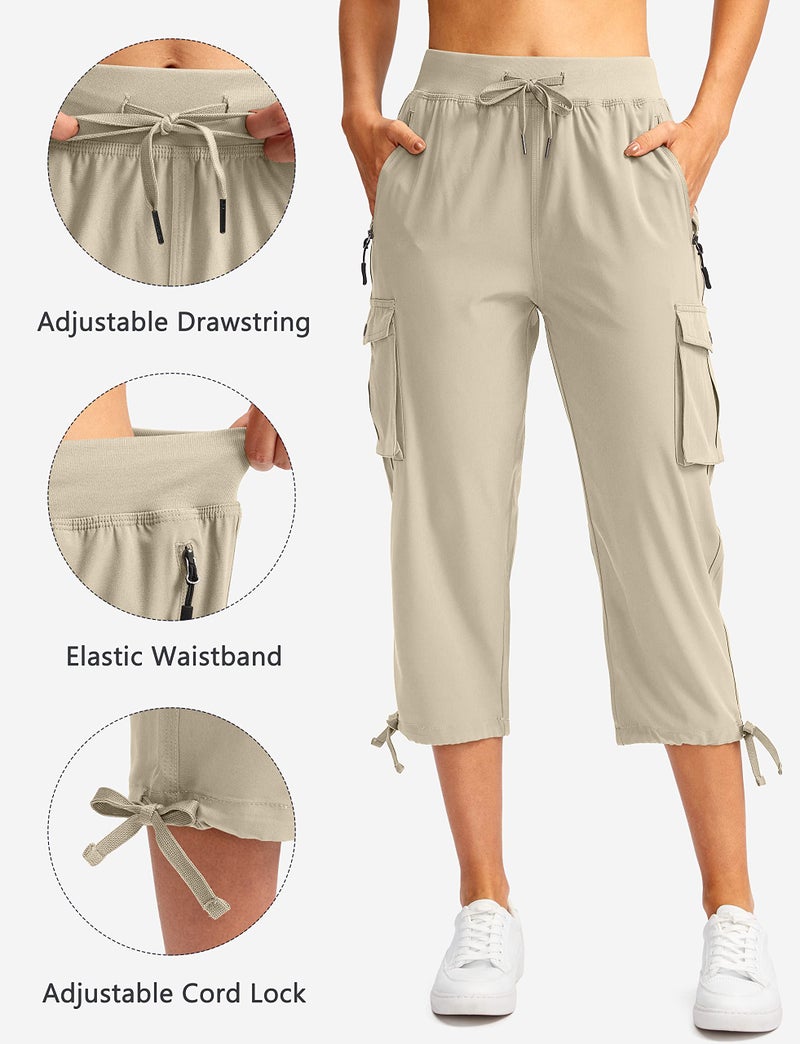 Soothfeel Women's Cargo Capris Pants with 6 Pockets Lightweight Quick Dry Travel Hiking Summer Pants for Women Casual (Khaki, L) - Image 3