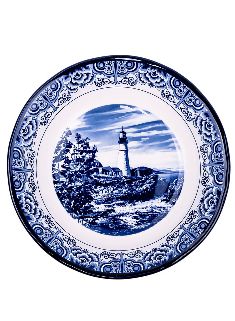 Claytan Lighthouse Blue Pattern 9-Inch Ceramic Salad Bowl (White, Set of 1) - Image 1