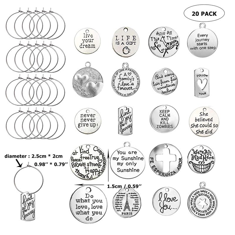 CNYMANY 20 pcs Wine Glass Charms, Inspiration Text Themed Goblet Drink Markers Tags with Buckle Design for Wine Cocktail Champagne Tasting Party Favors Decoration Supplies Gifts - Image 2