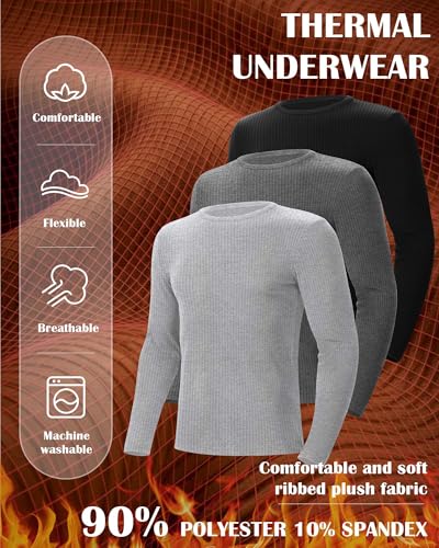 Riyiper 3 Pack Men's Ribbed Thermal Shirts Crew Neck Long Sleeve Tops Winter Stretchy Slim Basic Undershirt(Black, Gray, Light Gray,XL) - Image 4