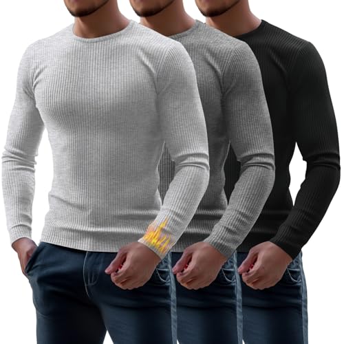 Riyiper 3 Pack Men's Ribbed Thermal Shirts Crew Neck Long Sleeve Tops Winter Stretchy Slim Basic Undershirt(Black, Gray, Light Gray,XL) - Image 1