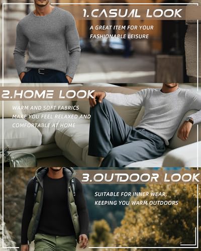 Riyiper 3 Pack Men's Ribbed Thermal Shirts Crew Neck Long Sleeve Tops Winter Stretchy Slim Basic Undershirt(Black, Gray, Light Gray,XL) - Image 2