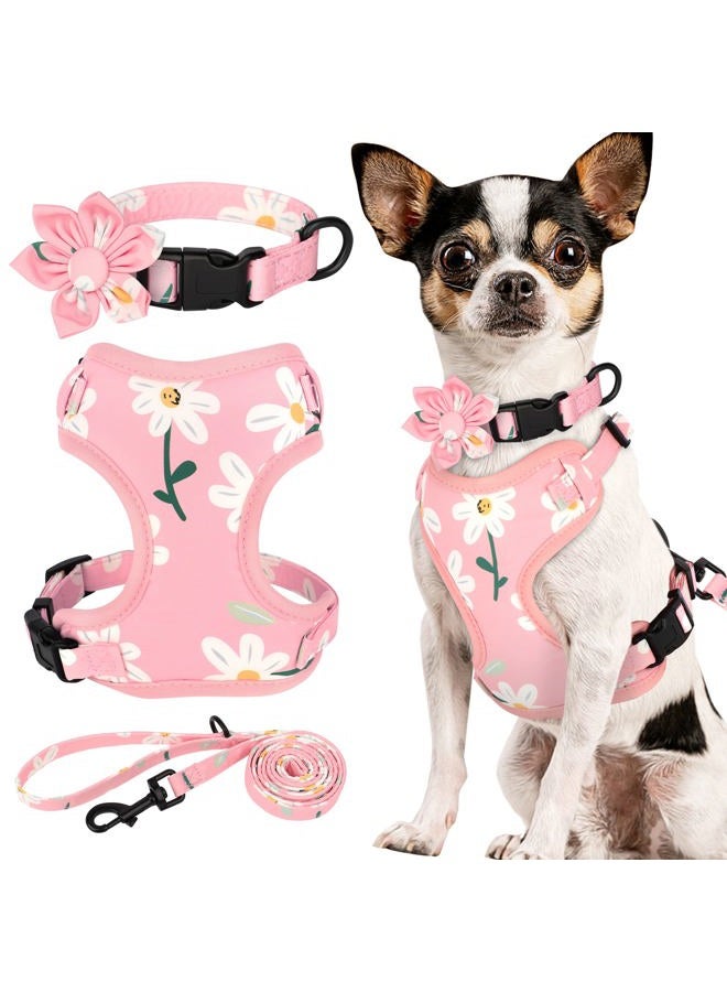 BEIRUI Cute Girl Dog Collars, Harnesses & Leashes Set - Adjustable Dog Collar and Leash Set with Flower - Soft Mesh Dog Vest Harness for Puppies Small & Extra Small Dogs Cats (Pink-1,XXS) - Image 1