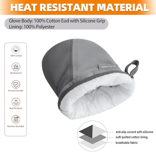 HULOSAN Mini Oven Mitts, Kitchen Oven Gloves Kitchen Mittens 500 Degrees Heat Resistant Baking Gloves, Non-Slip Silicone Surface with Hanging Loops Hot Gloves for Cooking, Baking, BBQ 1 Pair-Gray - Image 4