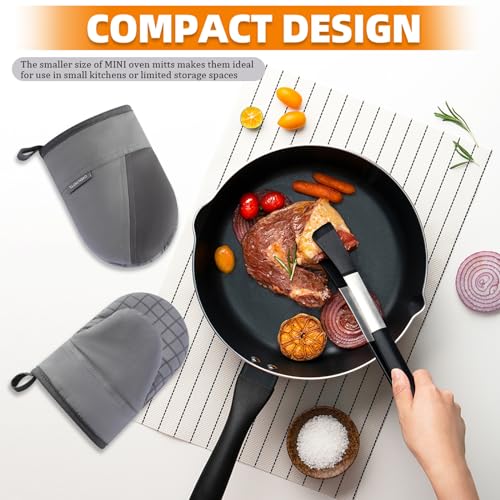 HULOSAN Mini Oven Mitts, Kitchen Oven Gloves Kitchen Mittens 500 Degrees Heat Resistant Baking Gloves, Non-Slip Silicone Surface with Hanging Loops Hot Gloves for Cooking, Baking, BBQ 1 Pair-Gray - Image 5