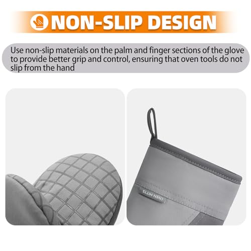 HULOSAN Mini Oven Mitts, Kitchen Oven Gloves Kitchen Mittens 500 Degrees Heat Resistant Baking Gloves, Non-Slip Silicone Surface with Hanging Loops Hot Gloves for Cooking, Baking, BBQ 1 Pair-Gray - Image 3