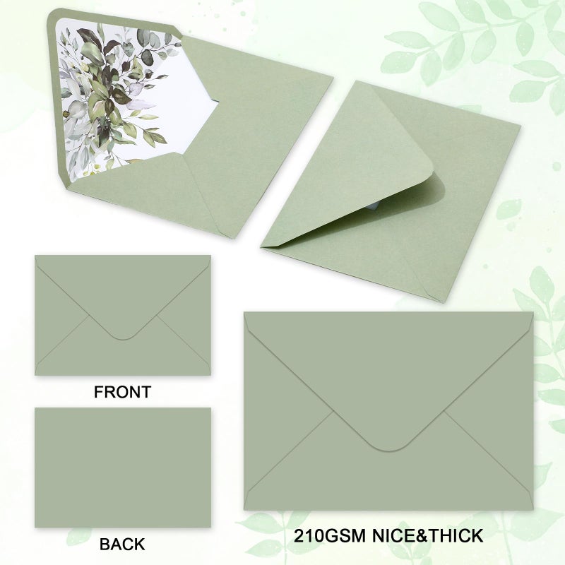 Whaline 50Pcs Greenery Envelopes 5 x 7 Inch Watercolor Sage Green Eucalyptus Leaves Invitation Envelope with Sticker V-Flap Greeting Card Holders Gift Card Sleeves for Spring Wedding - Image 3